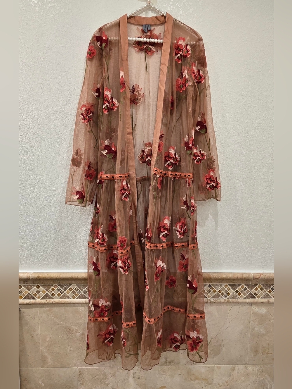 Anthropologie Bl-nk Pink Tulle Kimono Floral Embroidered OS - Picture 8 of 8